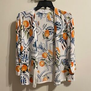 Chico’s Open Front Citrus Print Cardigan Sweater White Orange Size 0 S Small